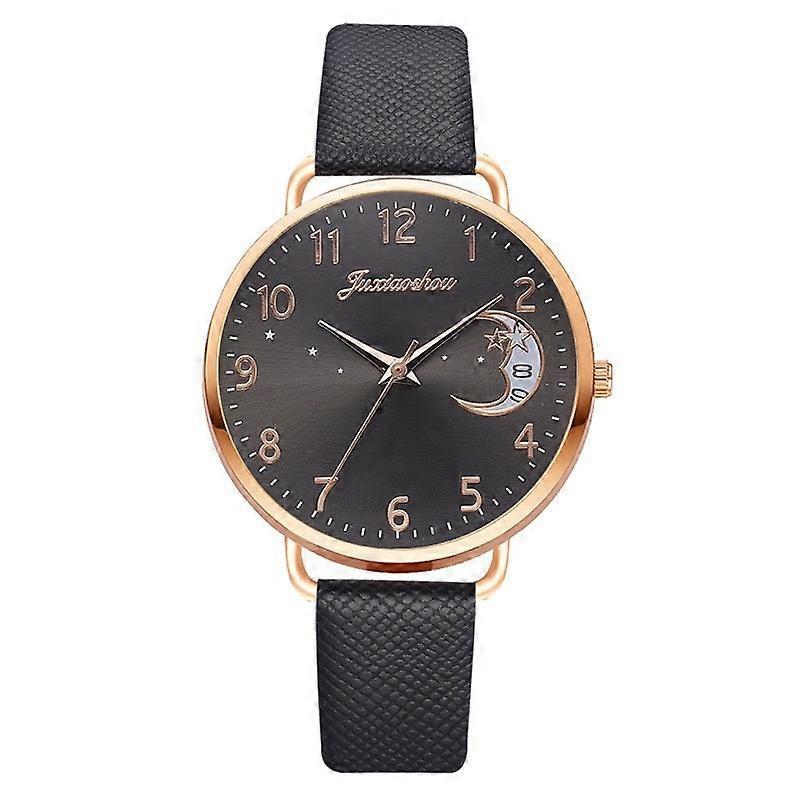Ladies Moon Pattern Dial PU Strap Quartz Watch, Color: Black Black