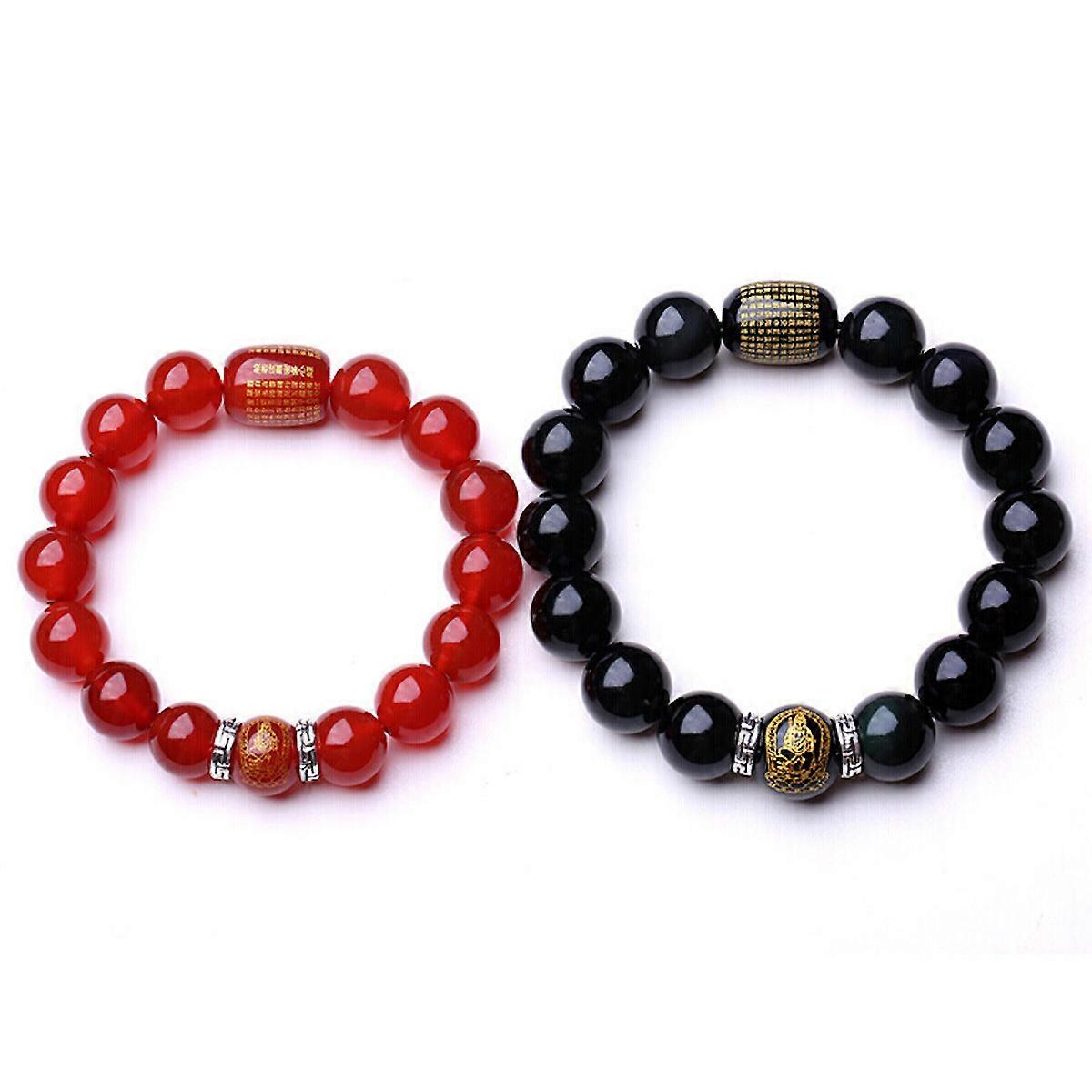 2pcs Natural Black Red Agate Bracelet Gemstone Crystal Kwan Yin Bead Luck Bracelet 10mm