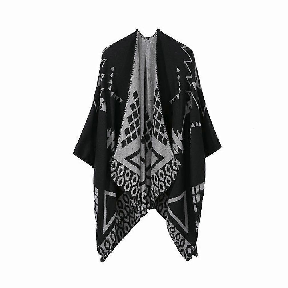 Warm Shawl Scarf Open Front Poncho Winter Cardigant with Geometric Pattern for Lady