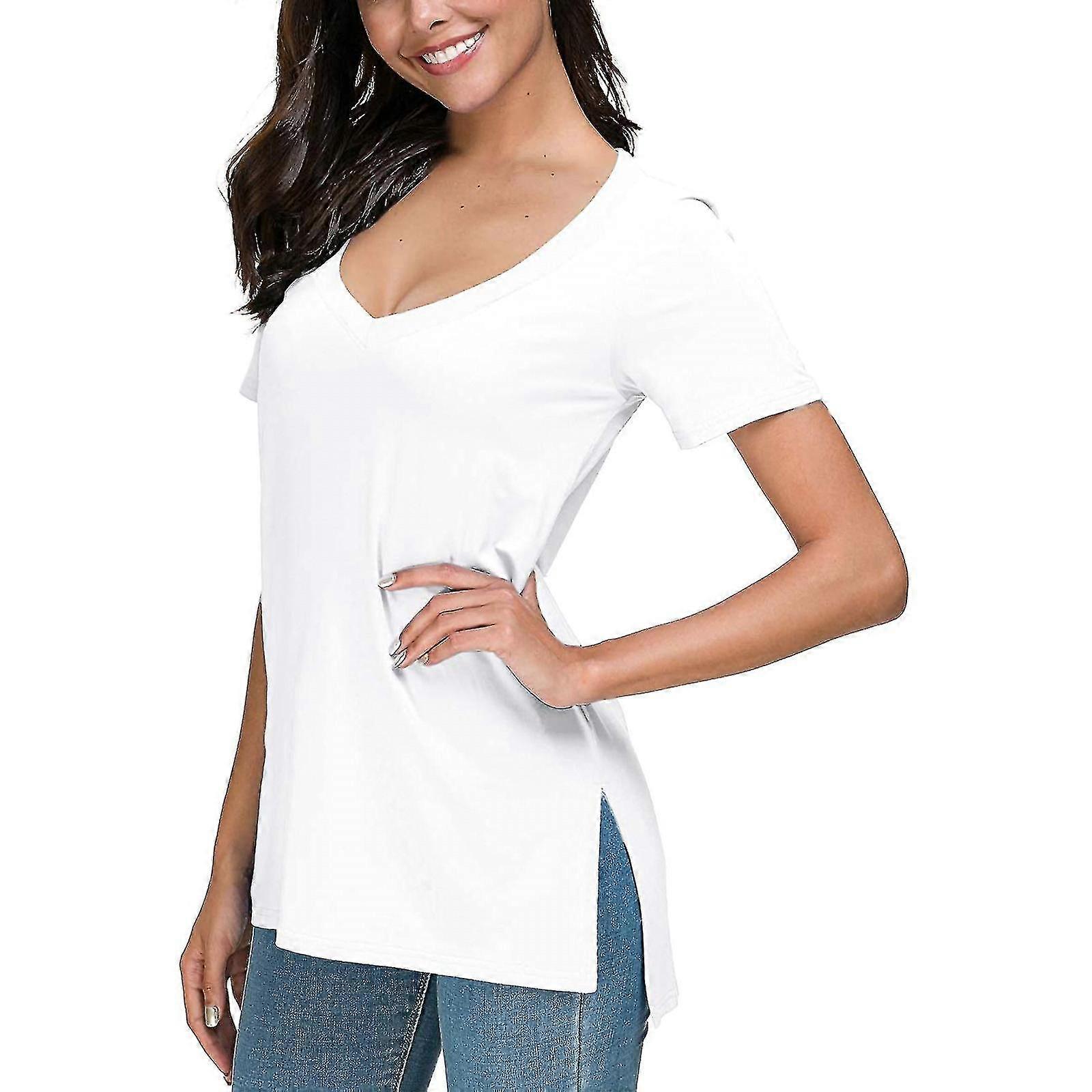 Damen Solid Summer Deep V Neck T-Shirts Side Split Short Sleeve Tops