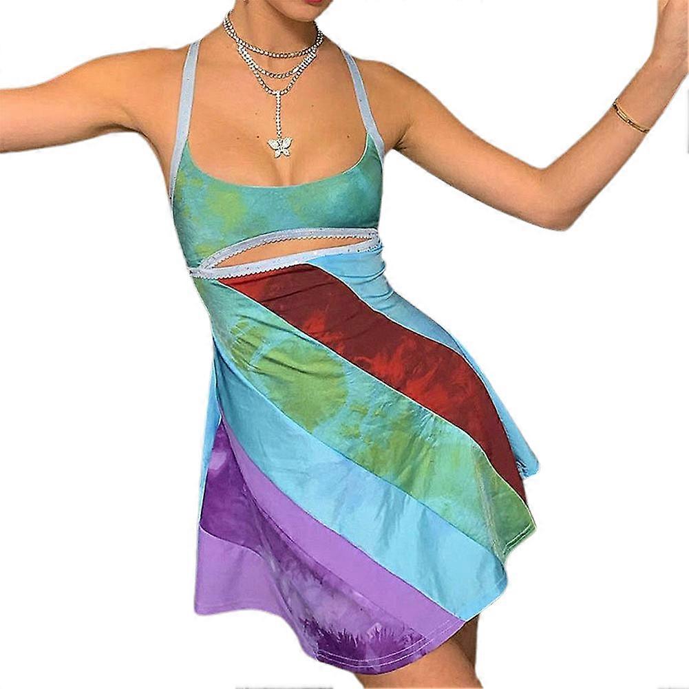 Colorido patchwork listra Y2K vestido com Hollow Halter Neck Strap e design low-cut