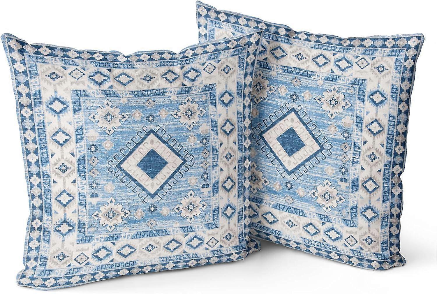 Boho Pillow Covers 20x20,Blue Ethnic Design Outdoor Decorative Throw Pillows for Couch,Carpet Pattern Decor Cushion Farmhouse Linen Pillowcase for Bed