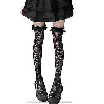 Japanese Fishnet Thigh Highs Stockings with Ruffle Trim for Women Hollowed Out Flower Pattern Lace Over Knee Long Socks  White