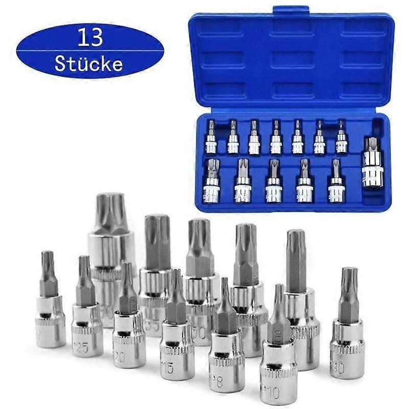13 Pcs Torx Bit Socket Set T8-T70 S2 Steel Socket Wrenches Hexagonal Torx Socket Shank Tool Screwdriver Bit Set
