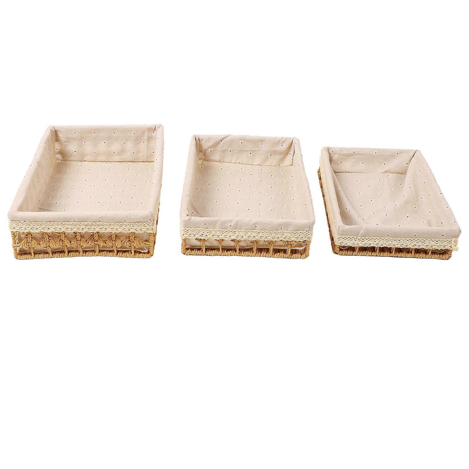3pcs Woven Storage Basket Cloth Lining Rectangular Decorative Organizer Bins for Clothes Toys