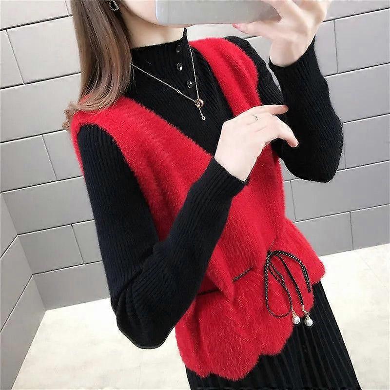 Elegant Imitation Mink Velvet V-neck Vest Spring and Autumn Women's Knitted Vest Sweater Outerwear