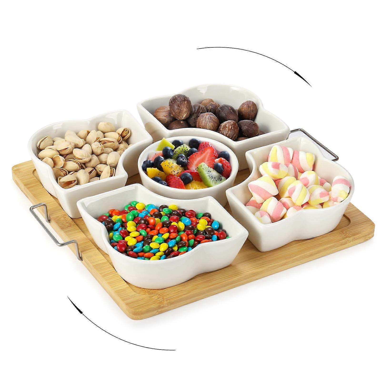 360° Rotatable Appetizer Tray Ceramic Divided Dishes Bamboo Platter for Chips Dip Veggies Candy Snacks Serving Set