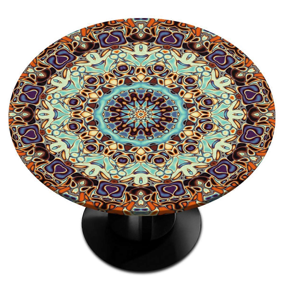 Mandala Round Tablecloth with Elastic Edges, Wipeable for Indoor/Outdoor Use, Fits Tables 40-44 inch Diameter