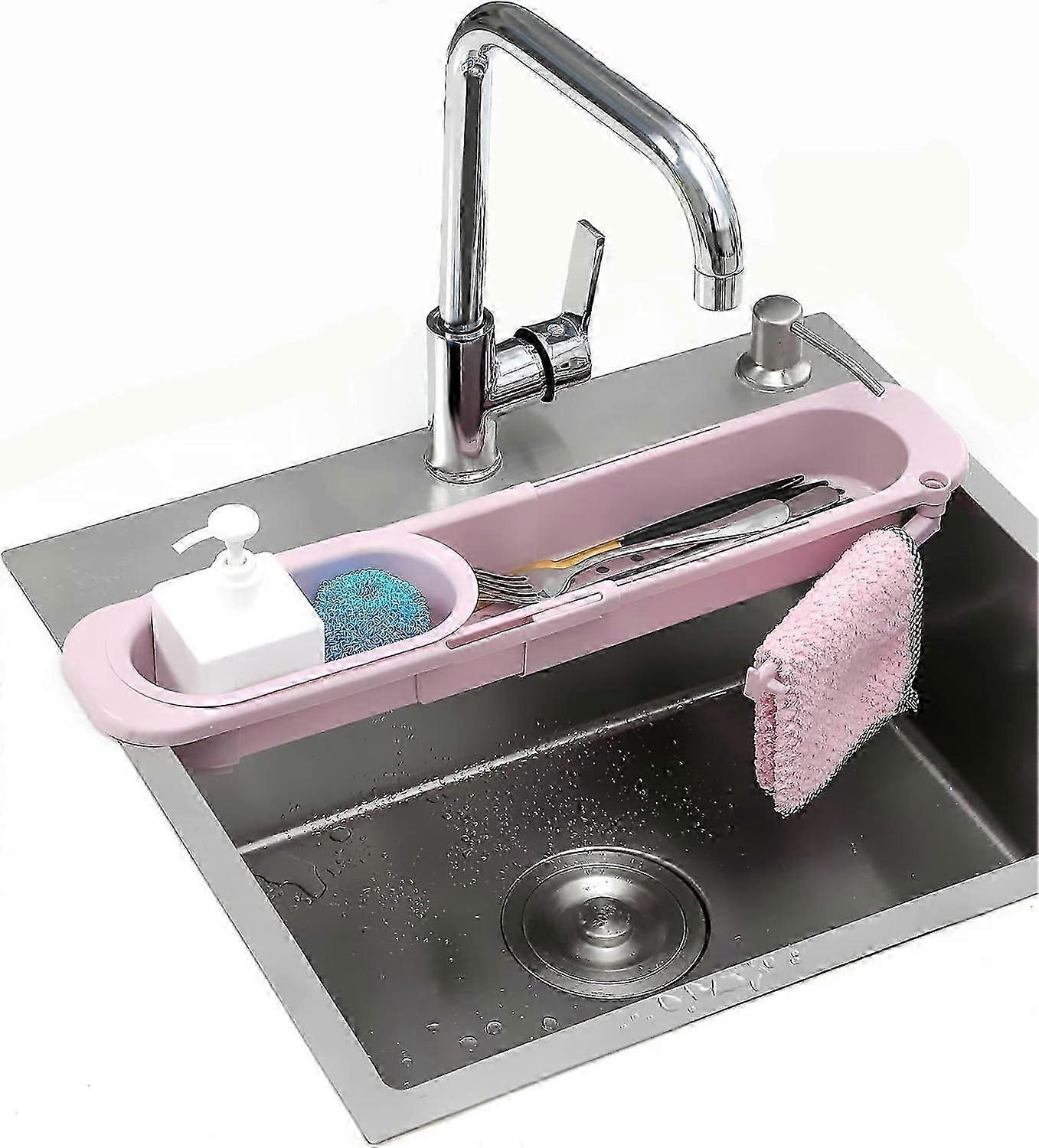 Kitchen sink storage rack with retractable telescoping bracket and sponge box (pink)