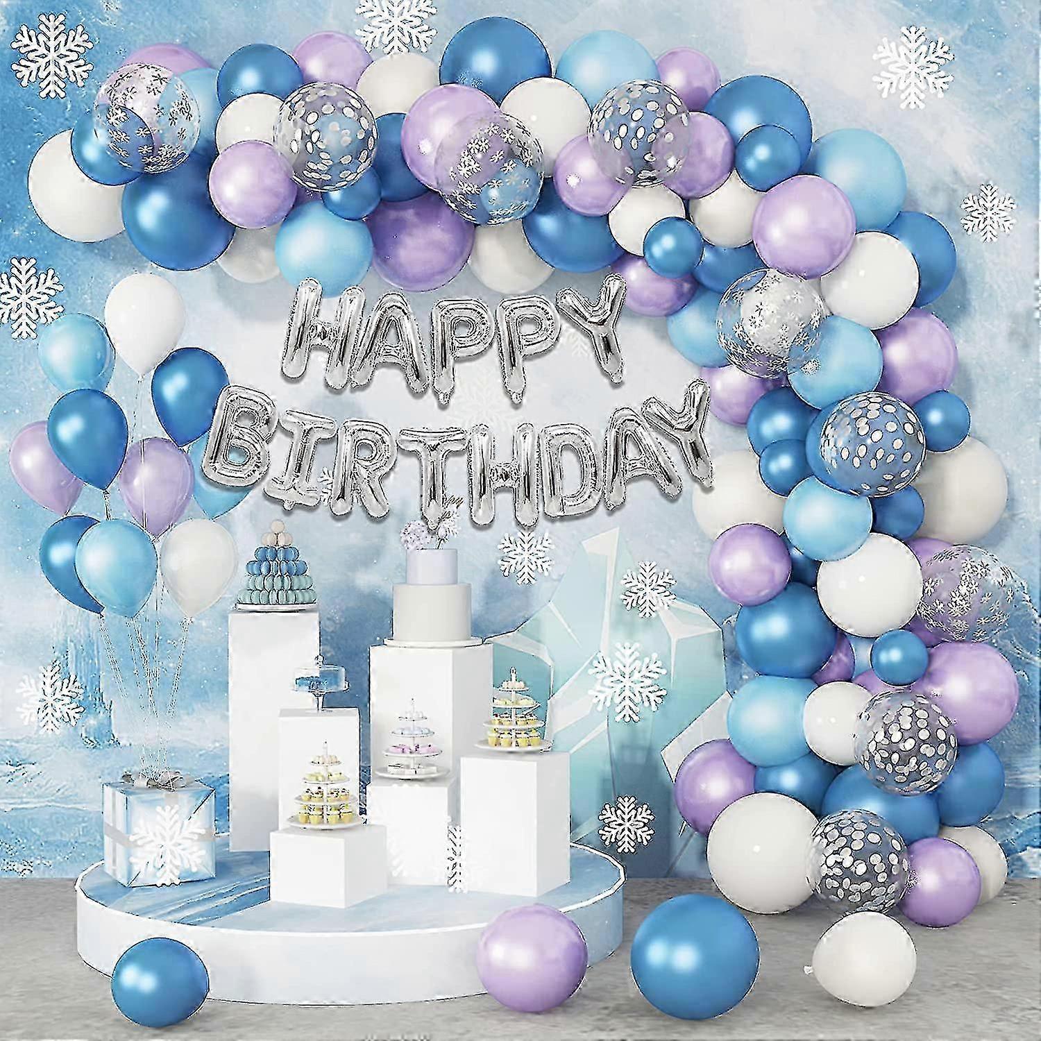 For Frozen Theme Birthday Party - Purple, Blue, White & Silver Confetti Snowflake Foil Balloons Garland Arch Kit