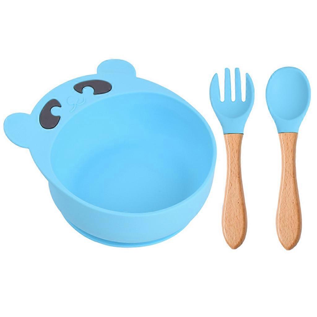 3 Pcs Baby Training Feeding Food Bowl Wooden Handle Spoon Fork Set Anti Slip Silicone Suction Dinner Plate Dish Utensil BPA-Free Tableware for