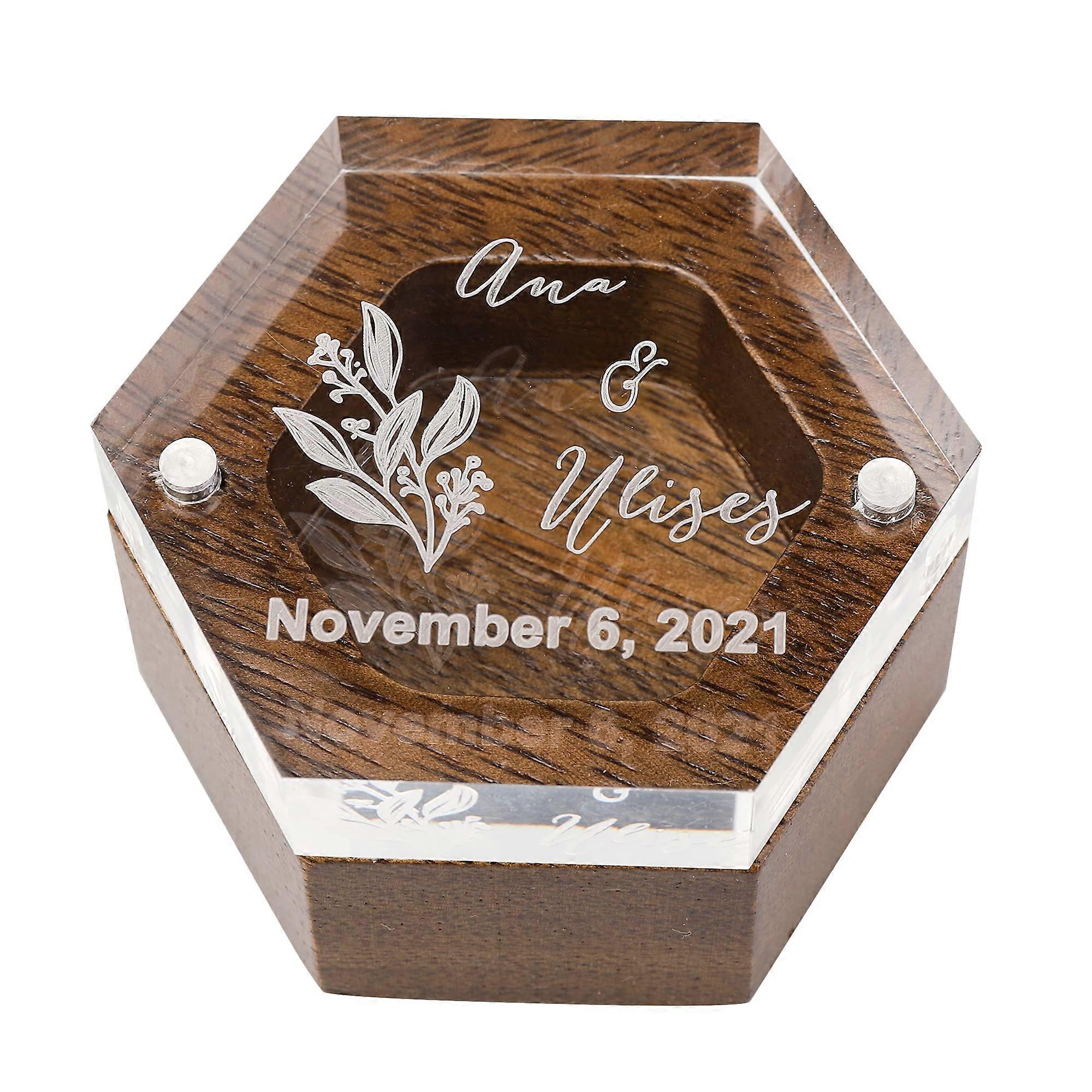 Godchoices Hexagonal Ring Box with Transparent Acrylic Cover and Natural Wooden Base, 4-Inch Size, Elegant Display