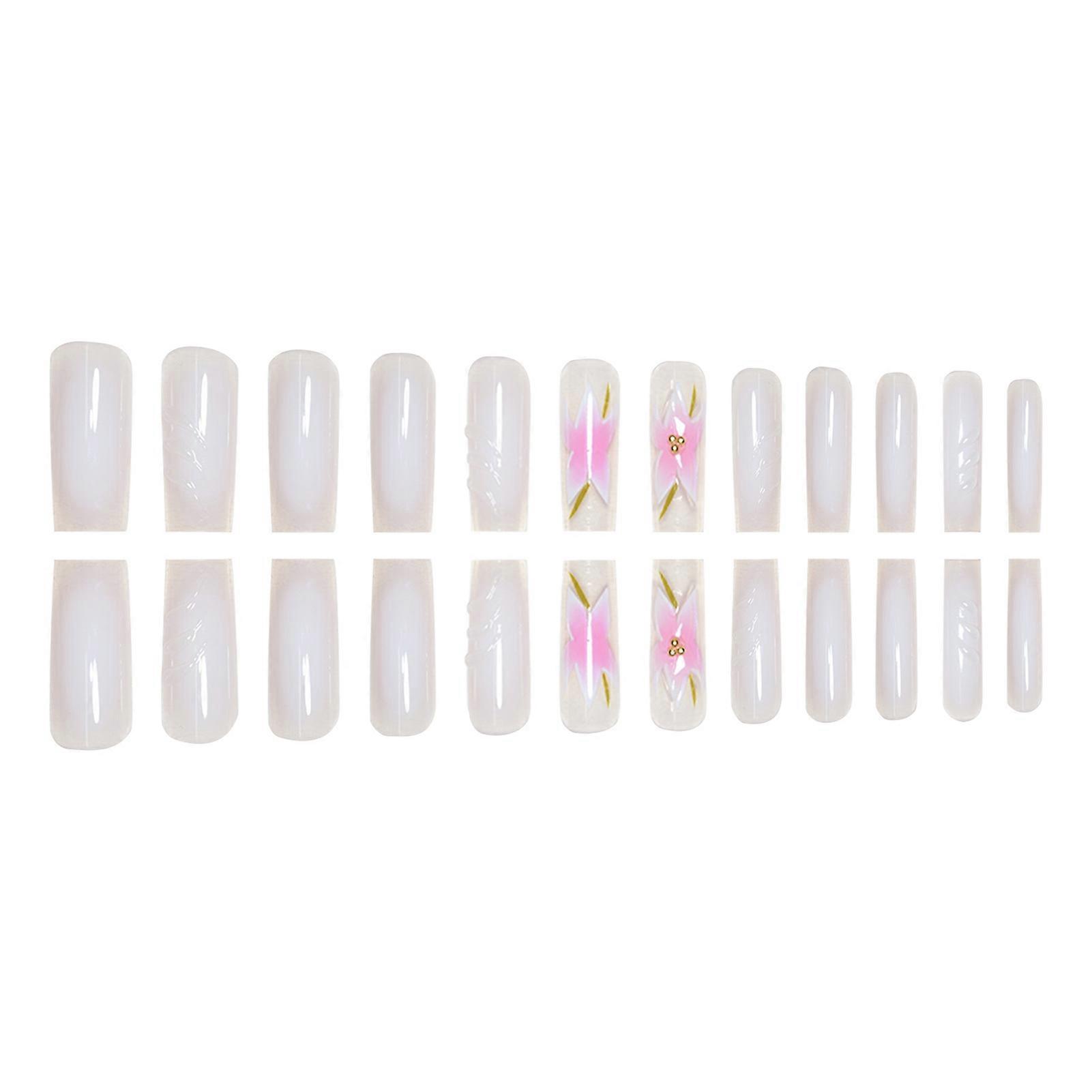 Glossy Long False Nails with Flower Print Reusable Long Lasting Press on Nails
