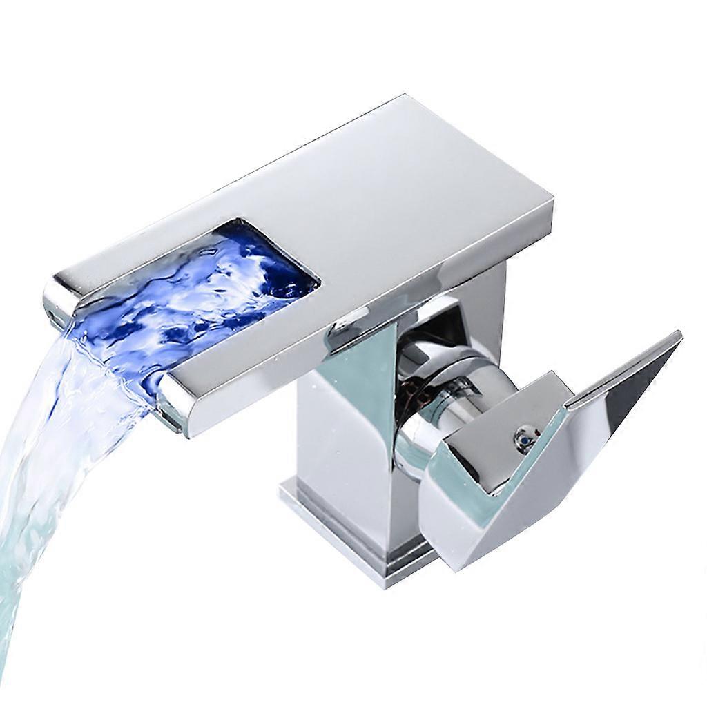 LED Waterfall Bathroom Basin Faucet Single Handle Cold Hot Water Mixer Sink Tap RGB Color Change Powered by Water Flow Plating color
