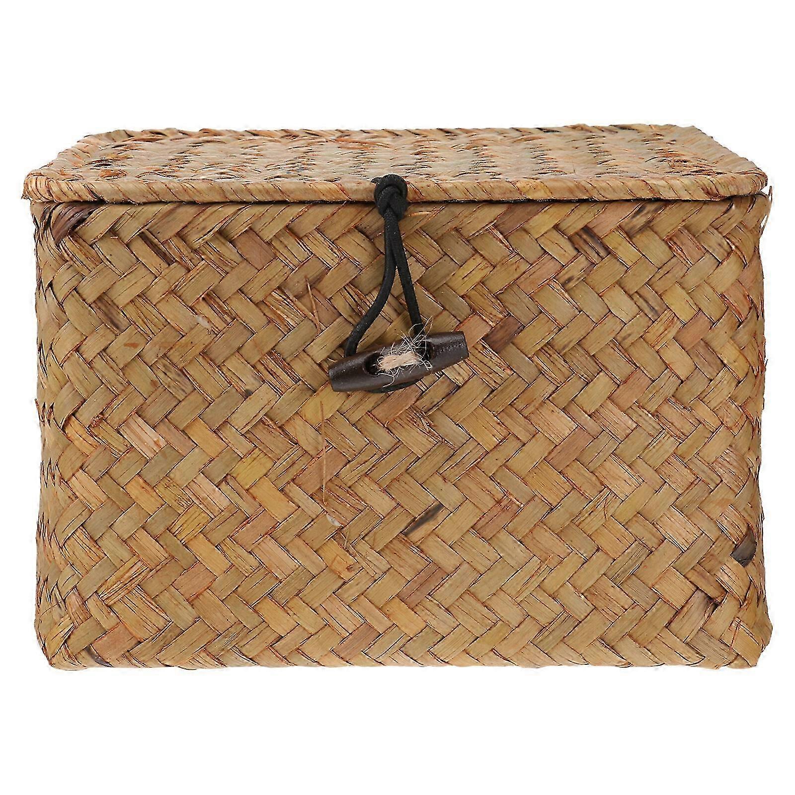 Square Straw Plaited Tea Storage Box with Cover for Home Organization, Suitable for Various Interior Styles (Large Size in Orange)