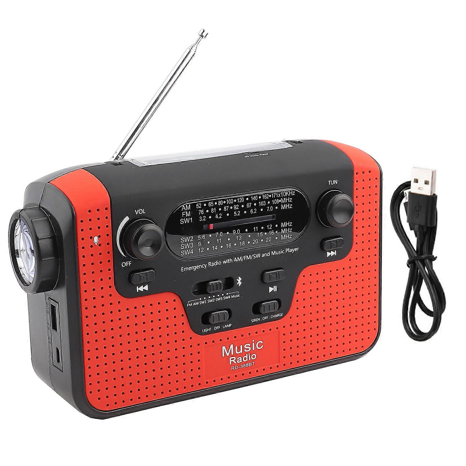 Solar FM/AM/SW Hand Crank Radio, Bluetooth Hands-Free Calling Music Memory Card, Red Solar FM Radio