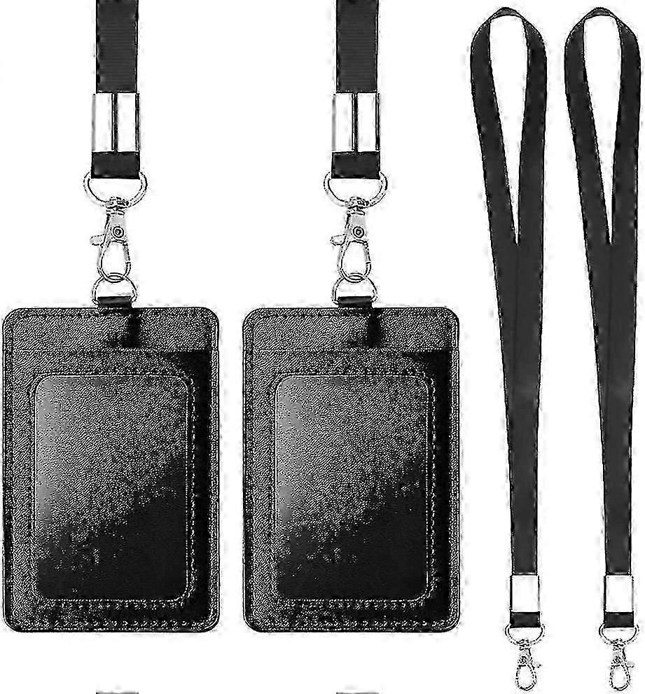Badge Holders, Vertical Pu Leather Id Badge Card Holders With Clear Id Window And Detachable Neck Lanyardblack2 Pack-MXBC