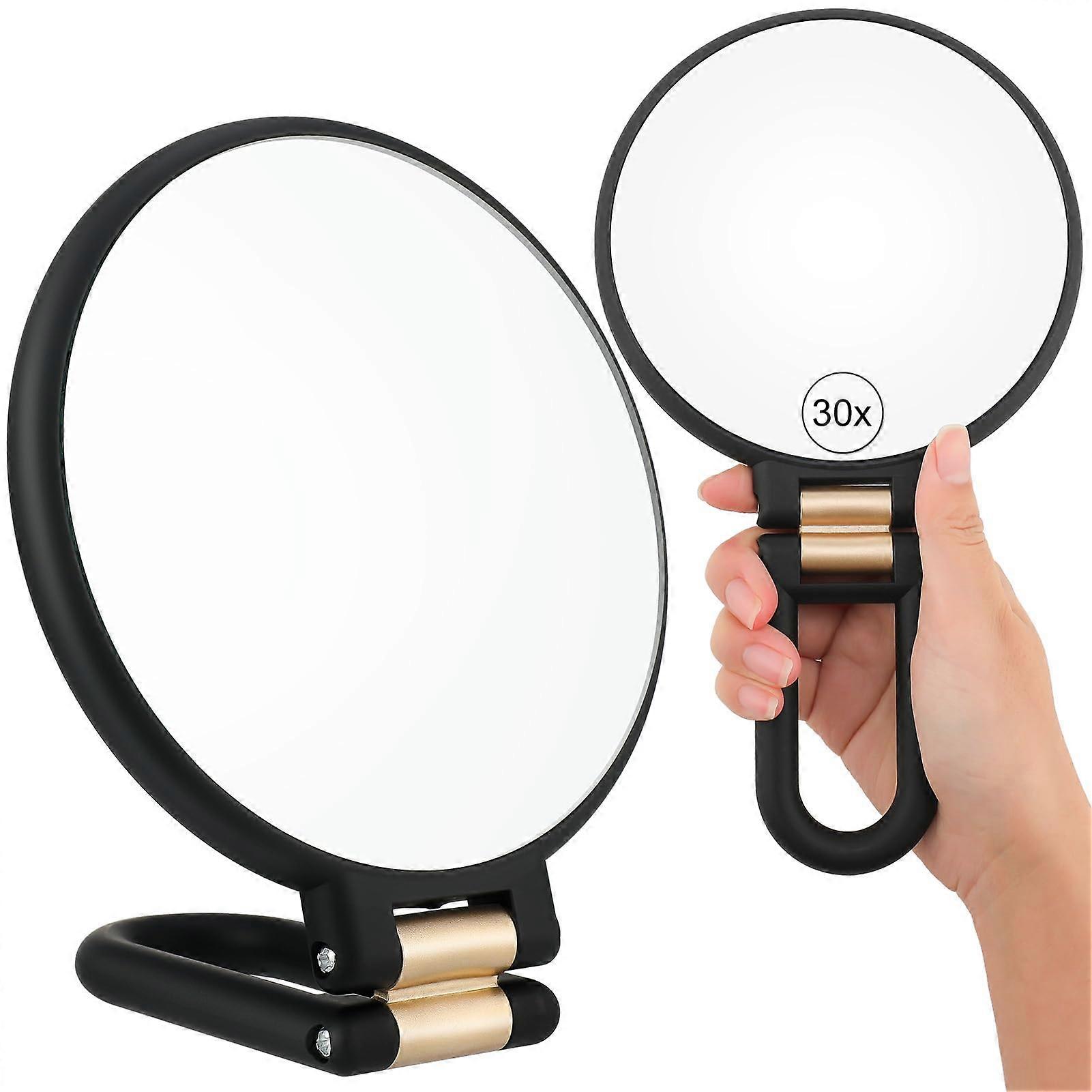 30X/1X Magnifying Mirror, Double Sided Handheld Mirror with Handle, 1X/30X Makeup Mirror, Foldable Handheld Mirror for Women, Black