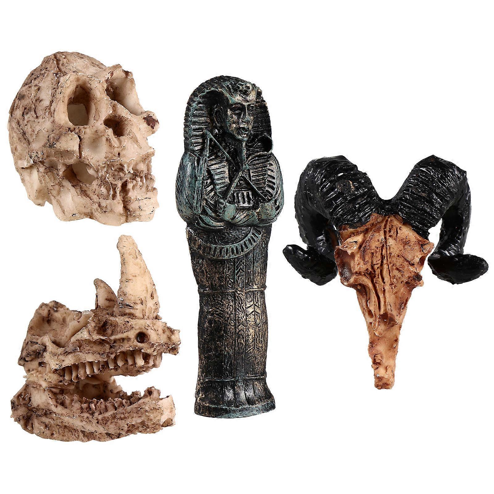 Reptile Accessories Resin Decor Spider Breeding Box Rhino Skull Shape 18x15x10cm Pet Habitat Decoration 4Pcs