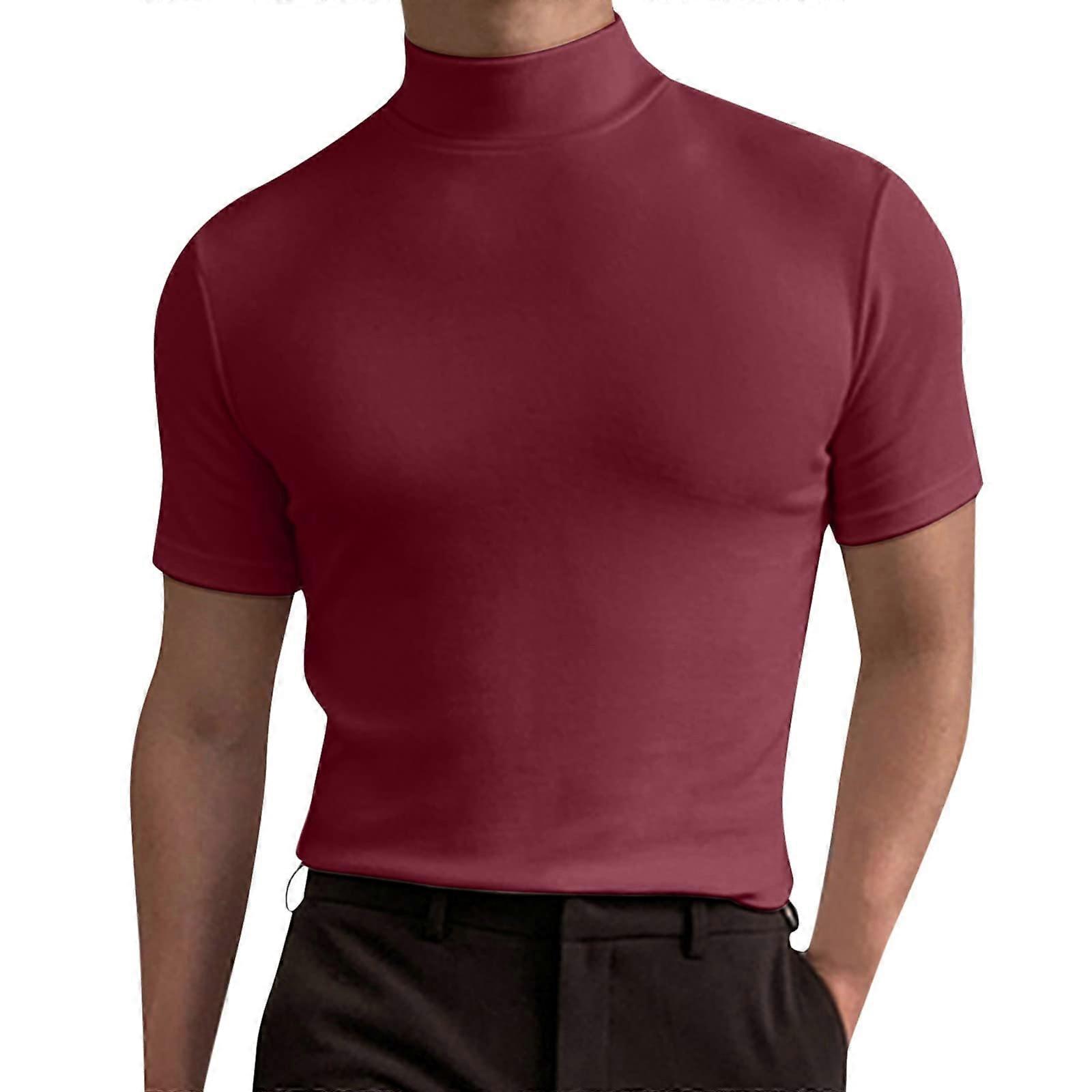 Stand-up Collar T-Shirt Men, Oversize Turtleneck Top, Plus Size Summer Casual Shirt, Breathable Regular Fit Red XL