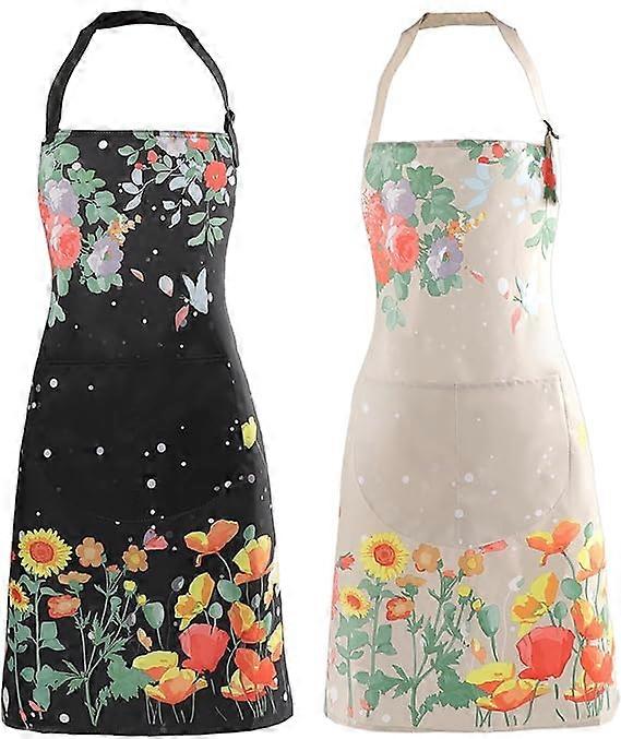 2Pcs Waterproof Floral Apron with Adjustable Neck Strap for Cooking,