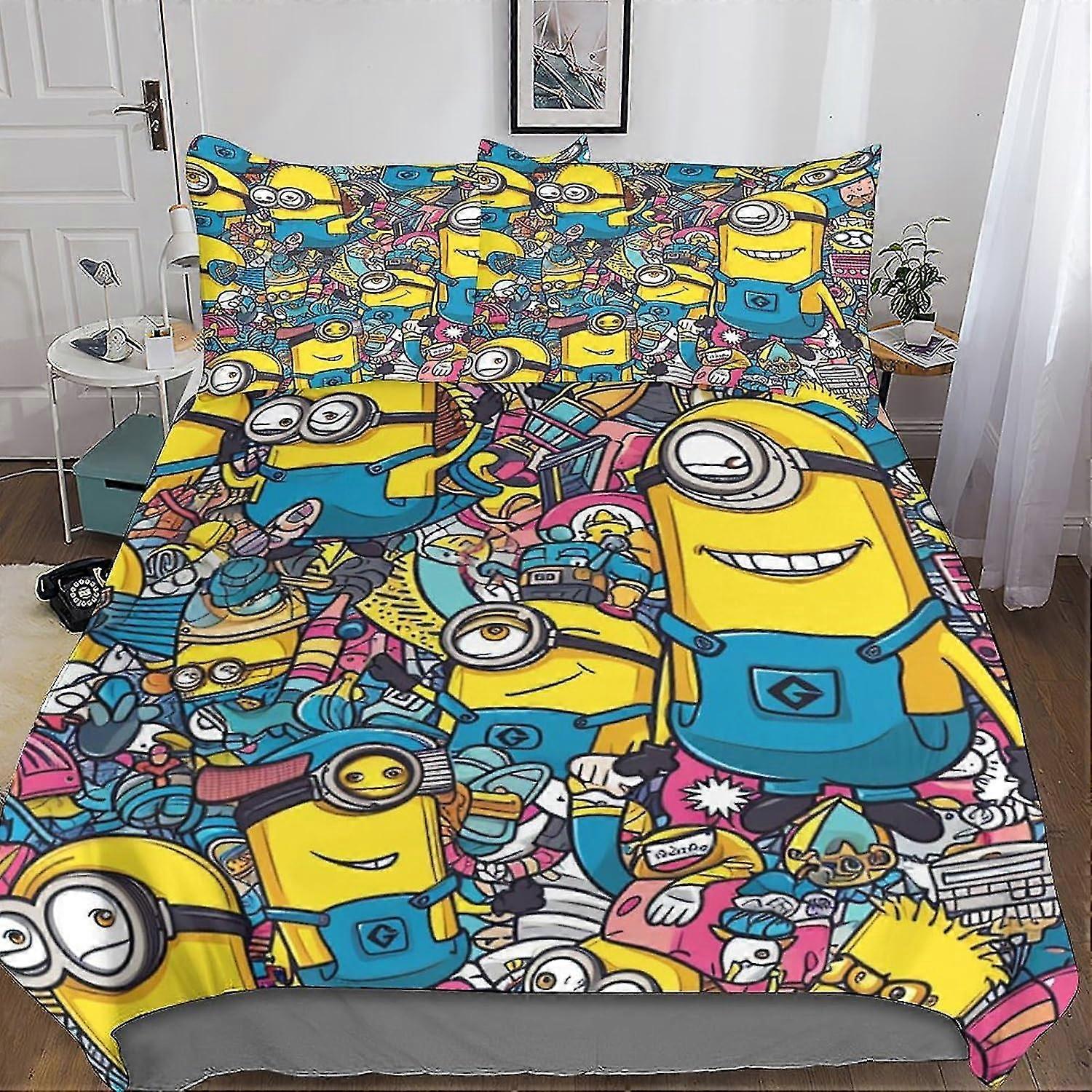 Cute 3D Printed Minions Quilt Cover 3-piece Cartoon Duvet Cover Bedding Set with Microfiber and Hidden Zipper Closure with Pillowcases for K