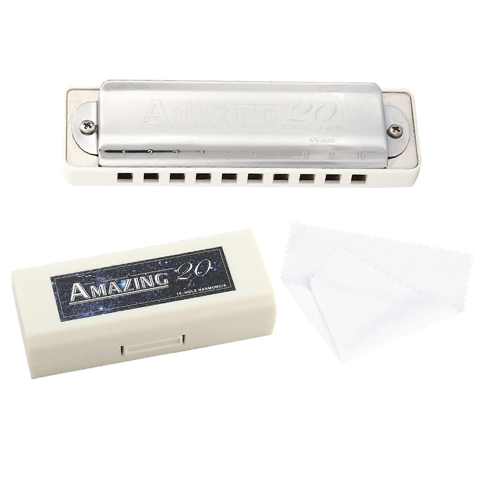 KONGSHENG AM-20D Phosphor Bronze Reed 10 Hole 20 Tone Blues Harmonica in the Key of Bb White