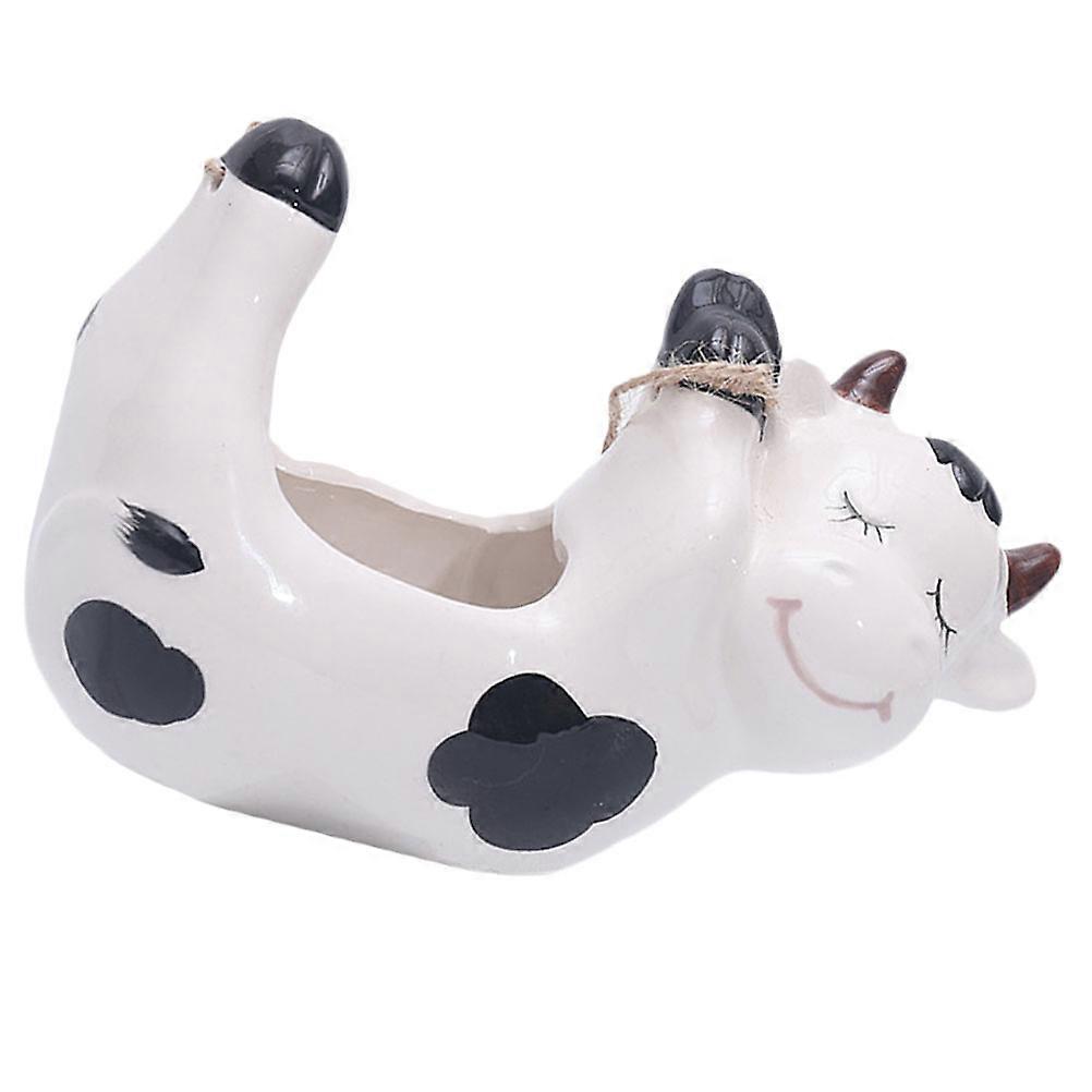 Ceramic Flowerpot Adornment Succulent Container Cow Shaped Desktop Style White 1Set