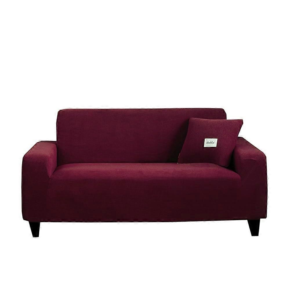 Elastic Sofa Cover for 4-Seat Armchair, Geometric Knitted Corn Grid Fabric, Wine Color, Fits 215-300CM Sofas