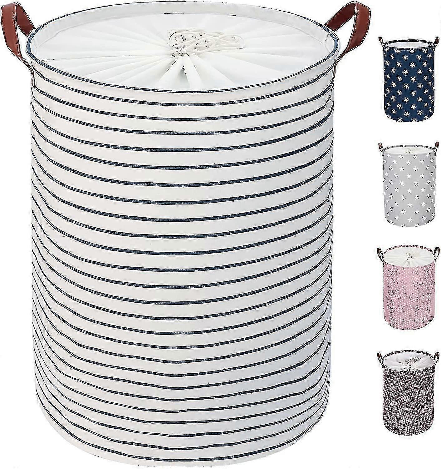 18 Inch Large Foldable Laundry Hamper with Drawstring, Storage Basket for Clothes in Blue Stripe Pattern