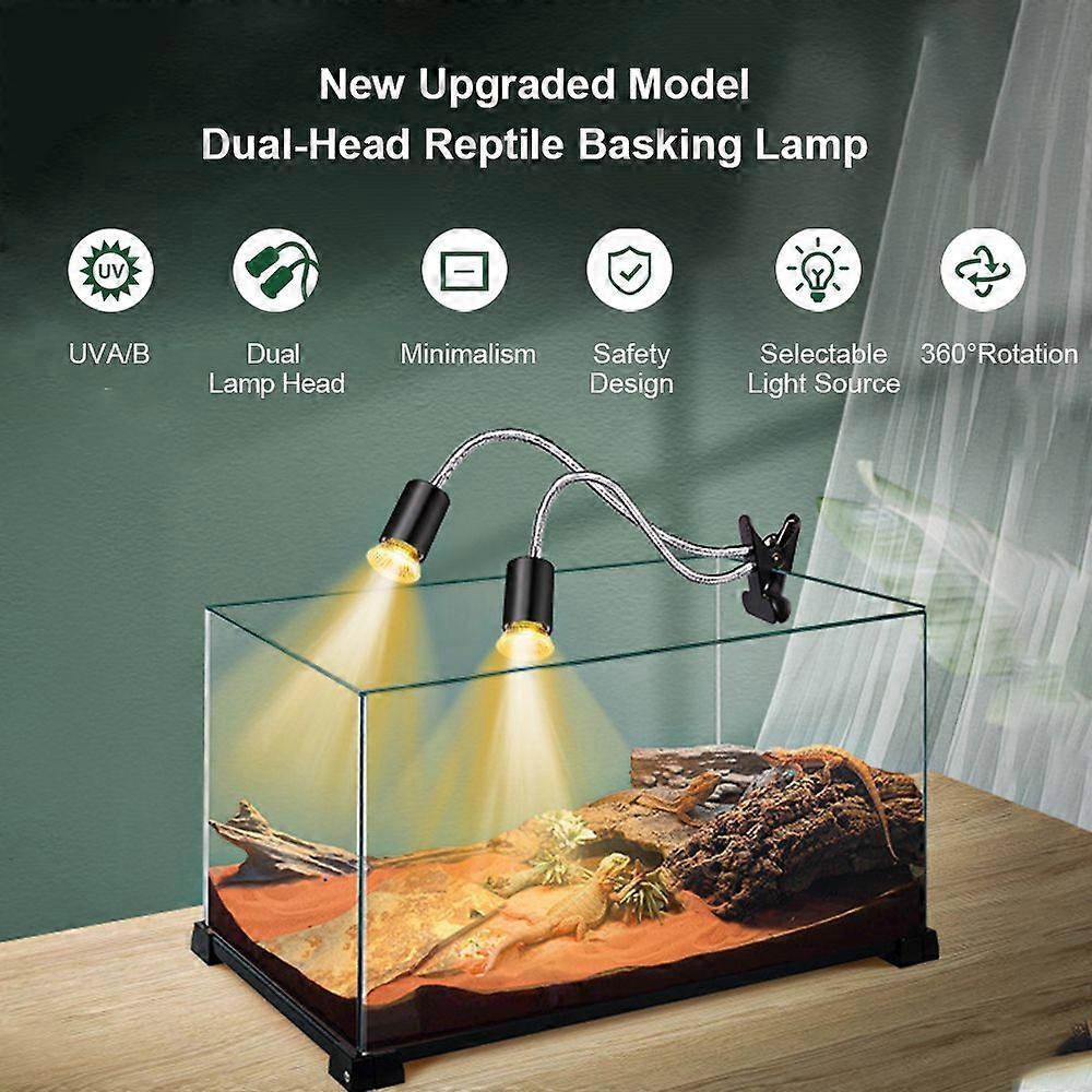 Reptile Heat Lamp Rotating Double-Head Reptile Light Bracket UVA/UVB Heating Lamp Bulb 25W/50W/75W for Turtle Lizards Snake Plants