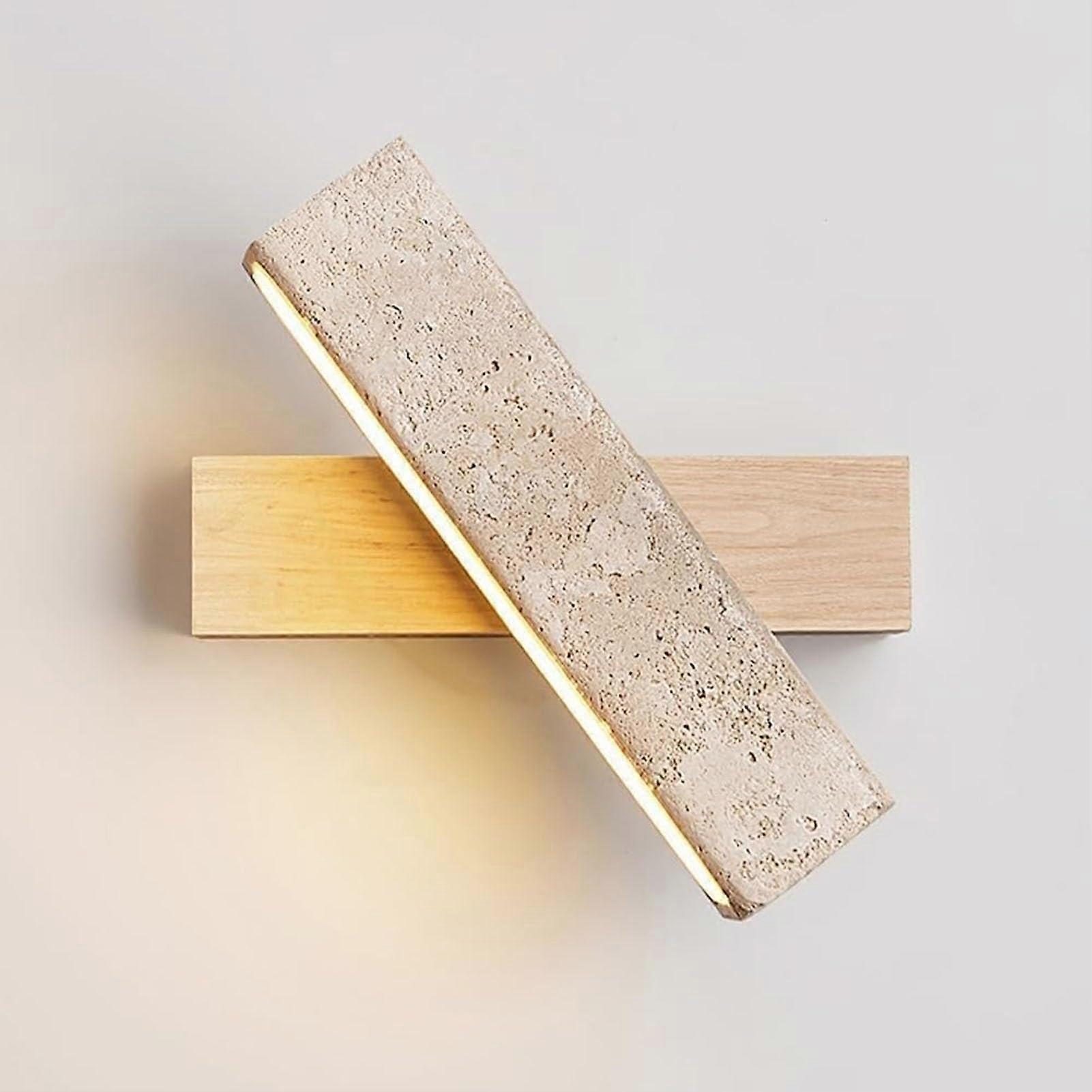 Bedside Wall Lamp, Modern LED Wall Sconce, Travertine Style Wood Base, Japandi Asymmetrical Fixture For Warmth, Natural