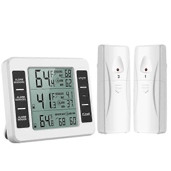 Fridge Freezer Thermometer, Wireless Refrigerator Thermometer with 2 Sensors, Audible Alarm, Min/Max, Thermometer