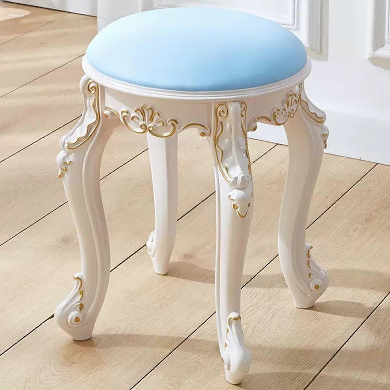 Vintage Makeup Vanity Stool, Padded Round Seat, Plastic and Steel Legs, Blue Gold Vanity Chair for Dressing Room Bedroom