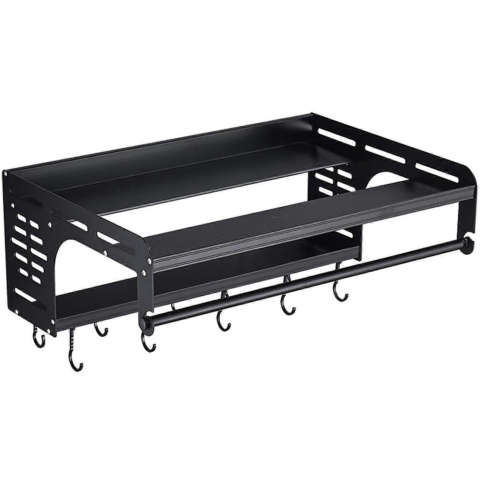 Microwave Oven Rack Aluminum Double-Layer Over Microwave Shelf With Towel Bar And Hooks Black 55x39 cm