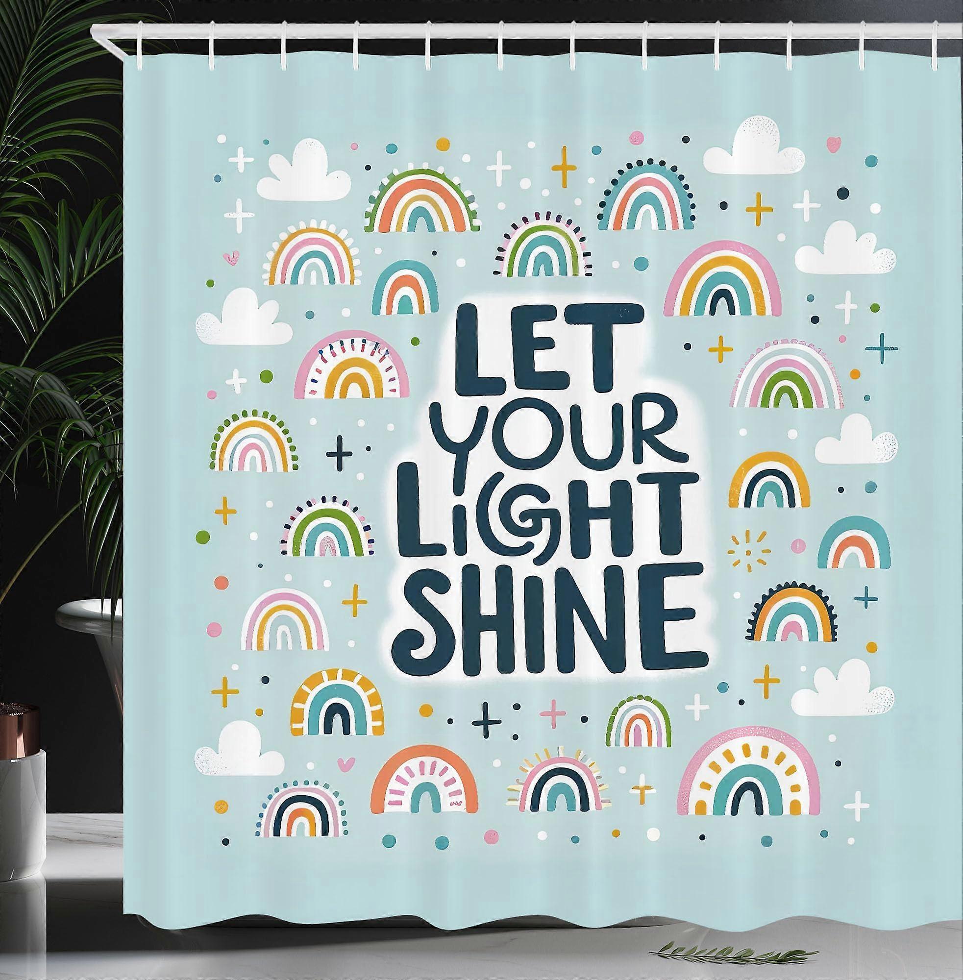 Scandinavian Rainbow Shower Curtain 69x70 Inch Cloth Fabric, Pale Blue Multicolor, Hooks Included, Minimal Cloud Design