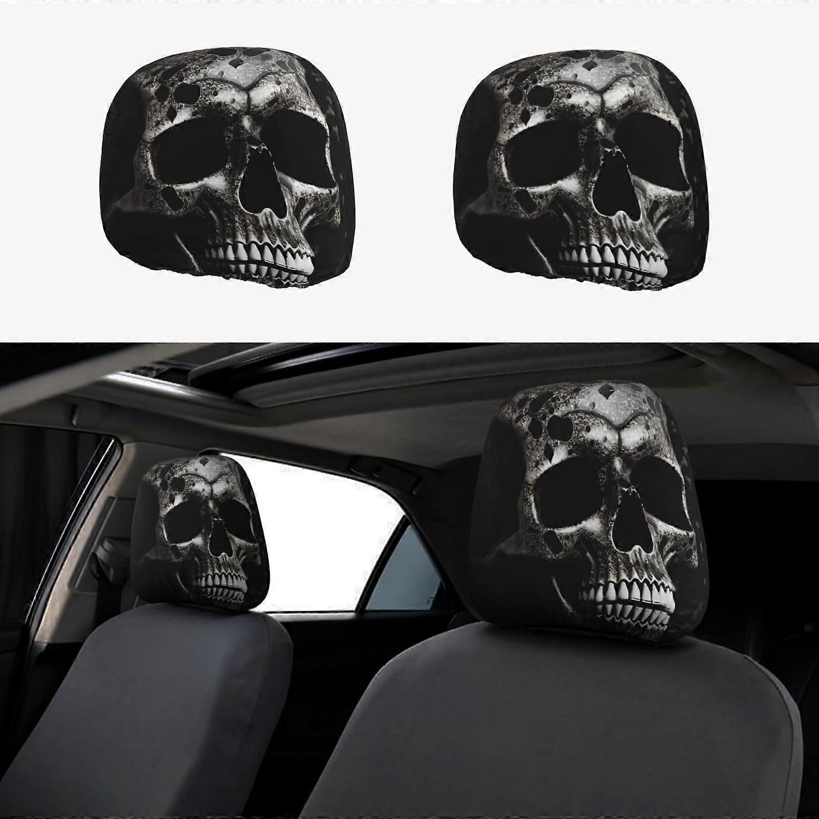 Car Seat Headrest Covers Universal 2Pack Black Skull Pattern One Size Auto Interior Decoration