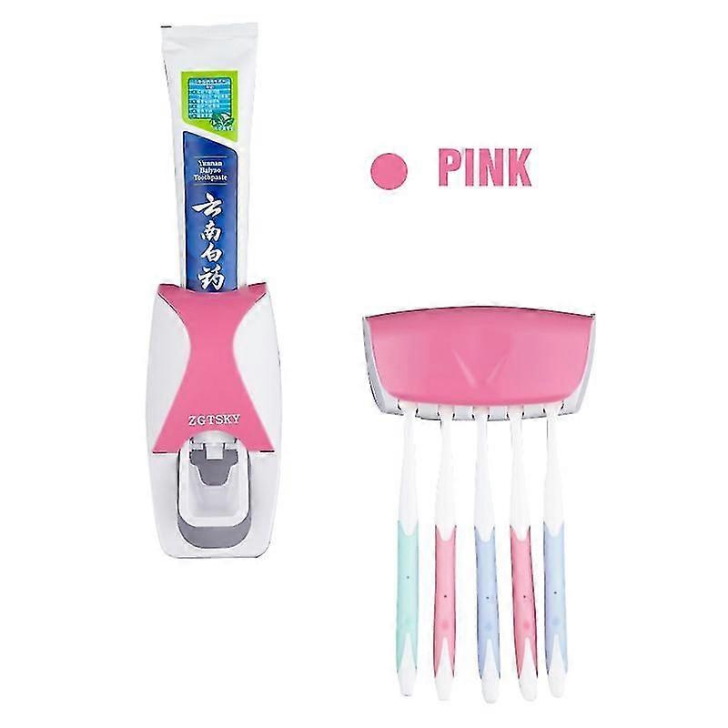 Auto Automatic Toothpaste Dispenser 5 Toothbrush Holder Set Wall Mount Stand