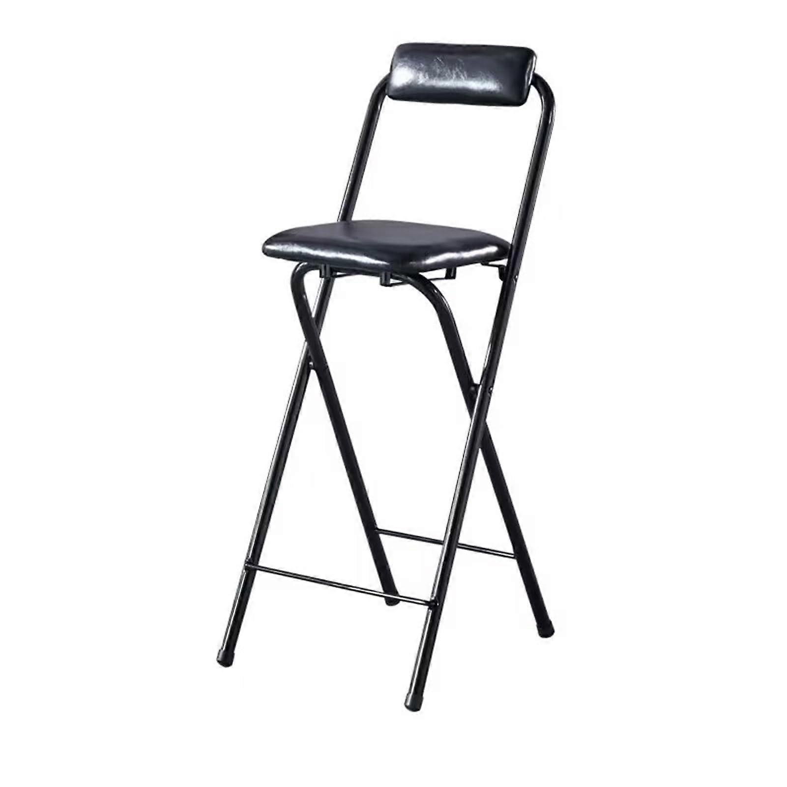 Portable Folding Bar Stool with Backrest and Footrest - Adjustable Height 65cm/70cm/75cm Cushioned Black Counter Chair