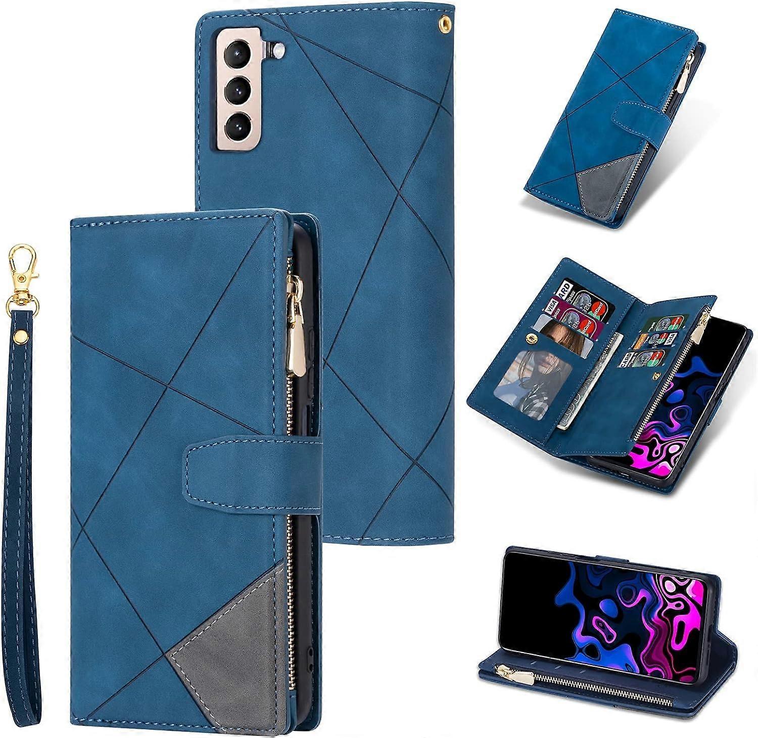 Case for Samsung Galaxy S24 FE 5G Retro Zip Leather Flip Wallet Case 9 Card Slots Carrying Strap Blue Check