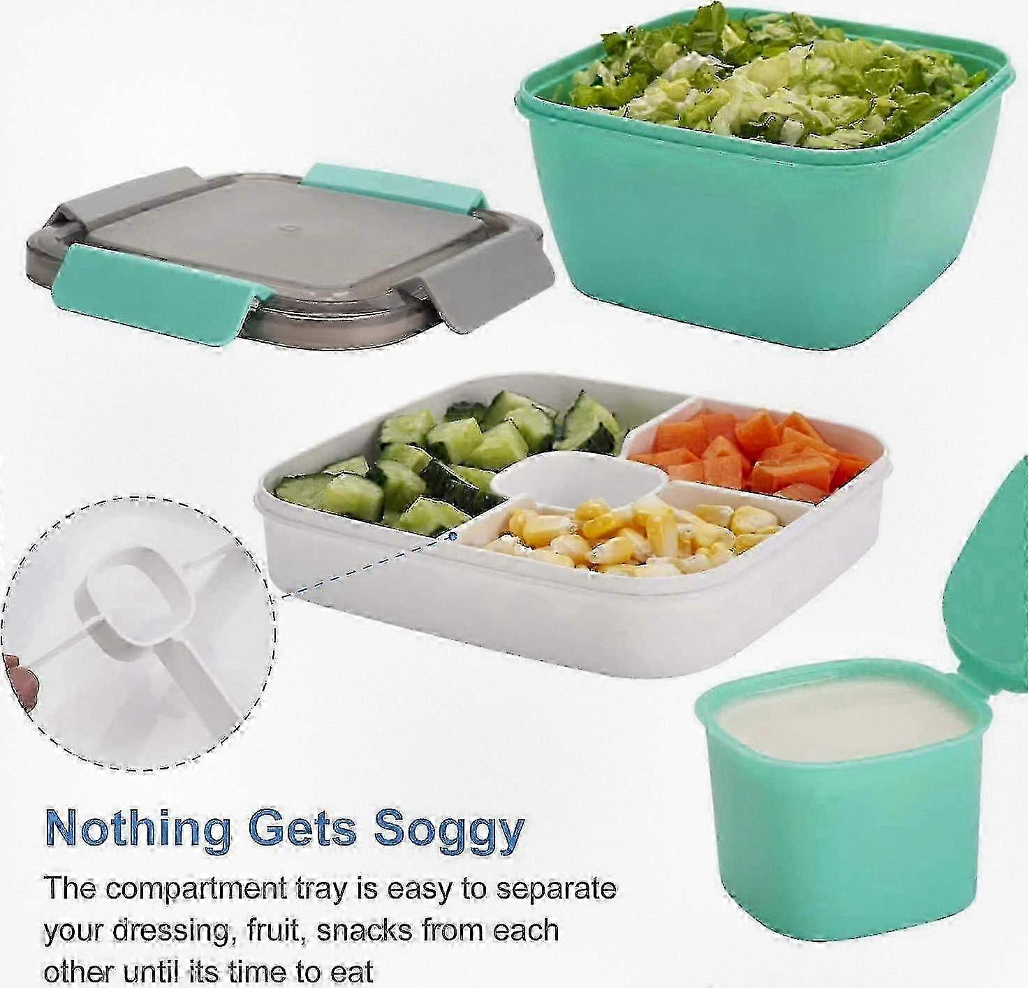 Leak-proof Bento Box Salad Container with Dressing Compartment, 3-Compartment Salad Lunch Box for Salads and Snacks, Microwave Safe Food Sto