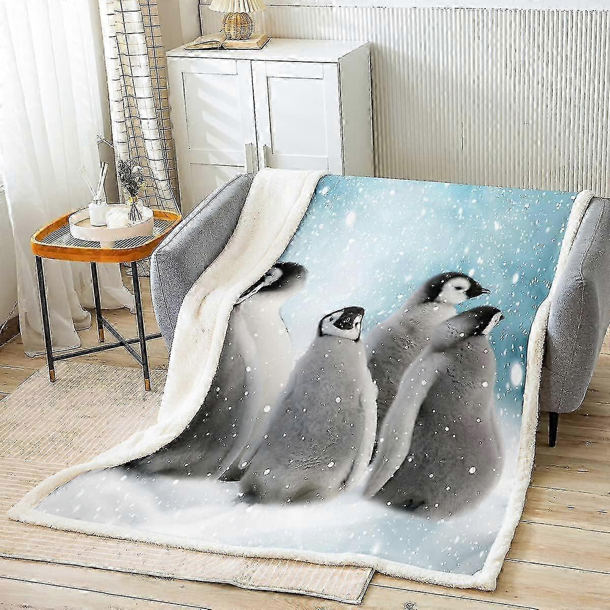 Deka s tučňákem Sherpa, roztomilá plyšová deka s tučňákem, zábavná zvířecí fleecová deka na postel, pohovku, děti, roztomilá polární zvířecí vzor, ​​teplá chlupatá deka
