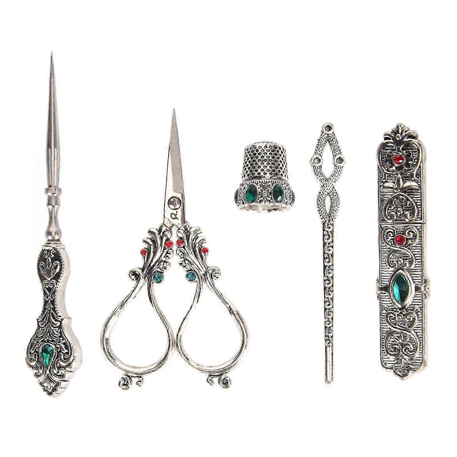5pcs Embroidery Scissors Kit Alloy Thread Scissors Sewing Kit for Needlework Vintage Silver
