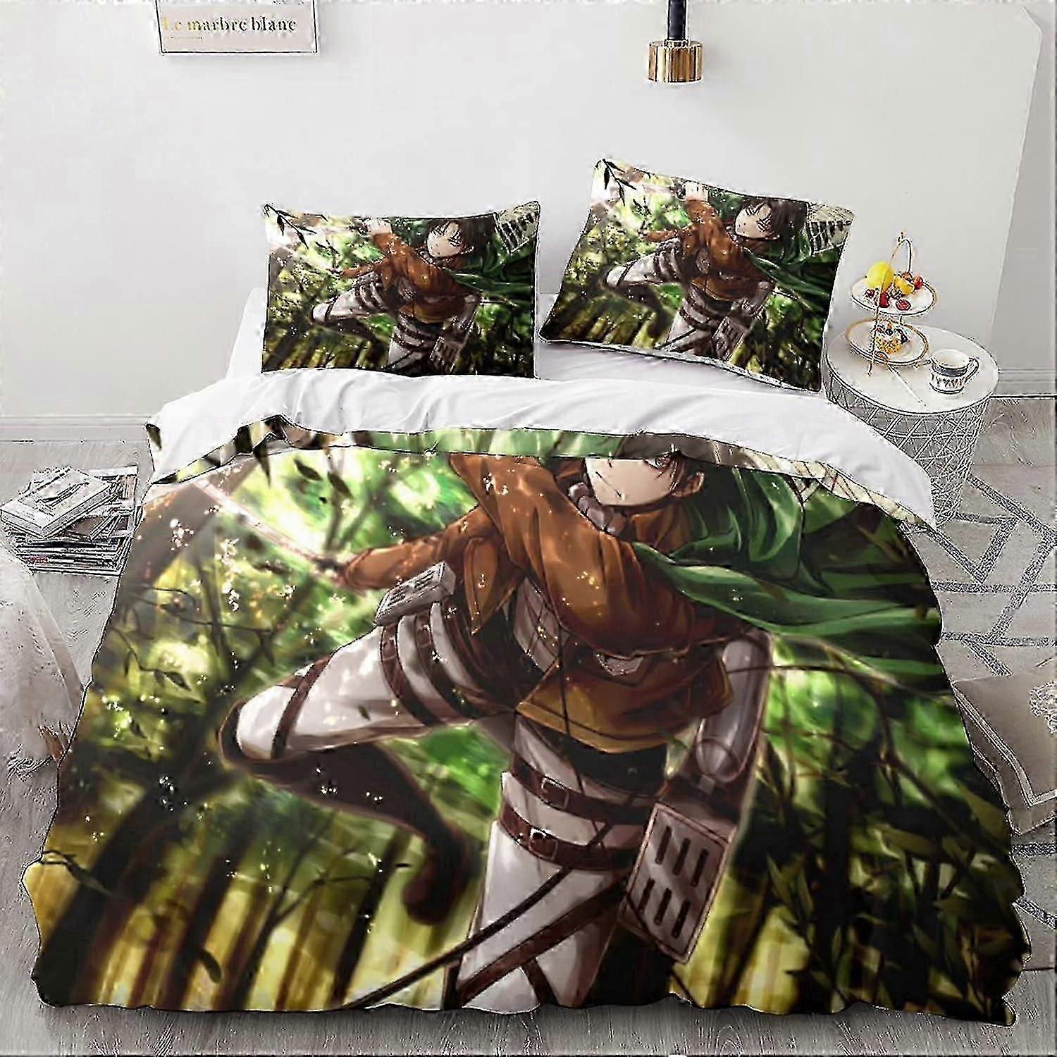 قطع طقم الفراش من أنيمي مع غطاء لحاف D - مجموعة قطع الفراش (غطاء لحاف + أكياس وسادة) ، سميكة وناعمة ، (هجوم على تيتان ، كينج 135 * 200 سم