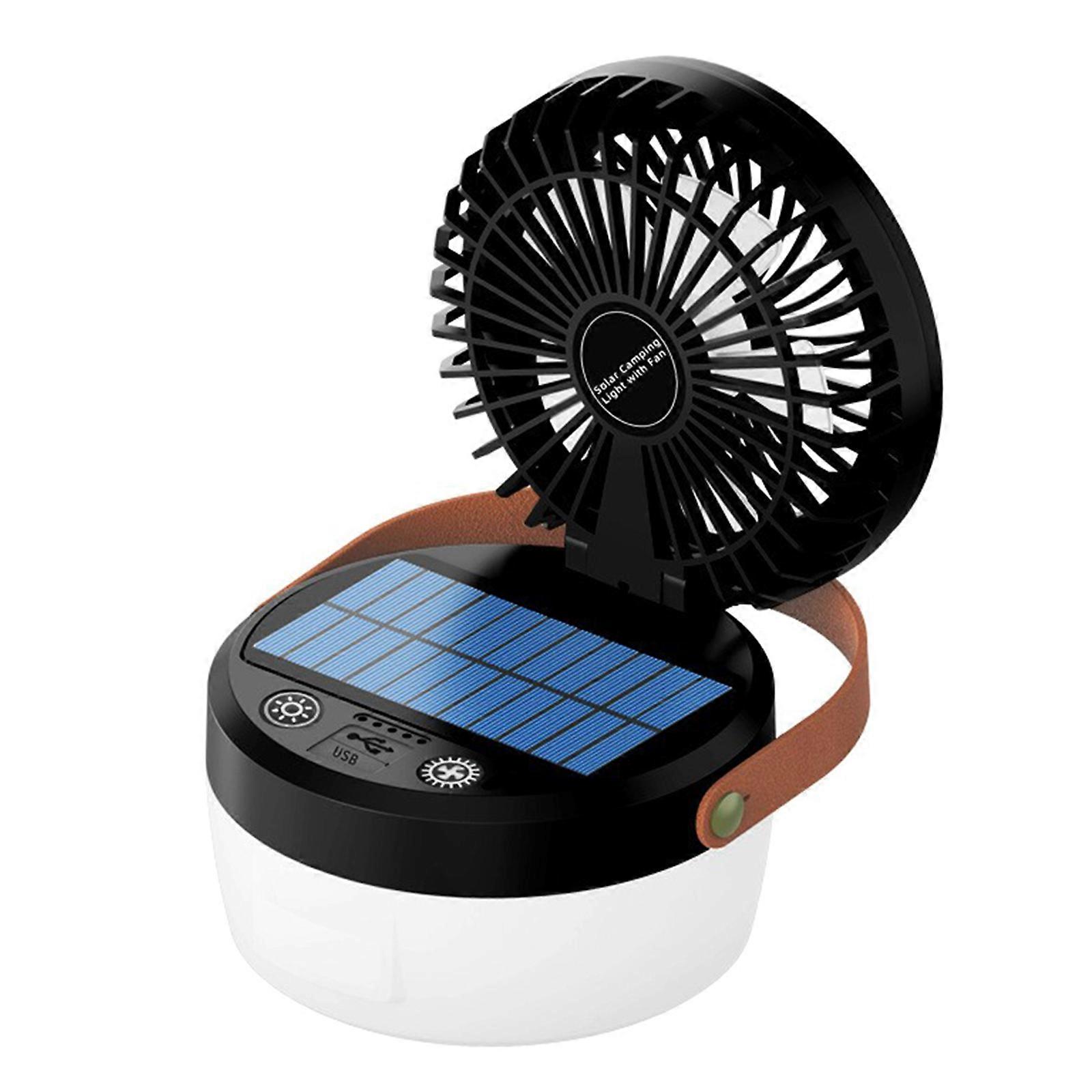 Multipurpose Solar Camping Light with Fan 3 Speed Settings 4 Lighting Modes Rechargeable Hanging Lamp For Outdoor Use  Black