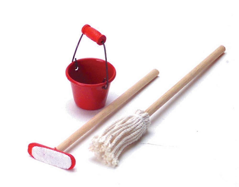 دمى البيت مصغرة 1:12 مقياس المطبخ تنظيف ملحق دلو ممسحة & مكنسه