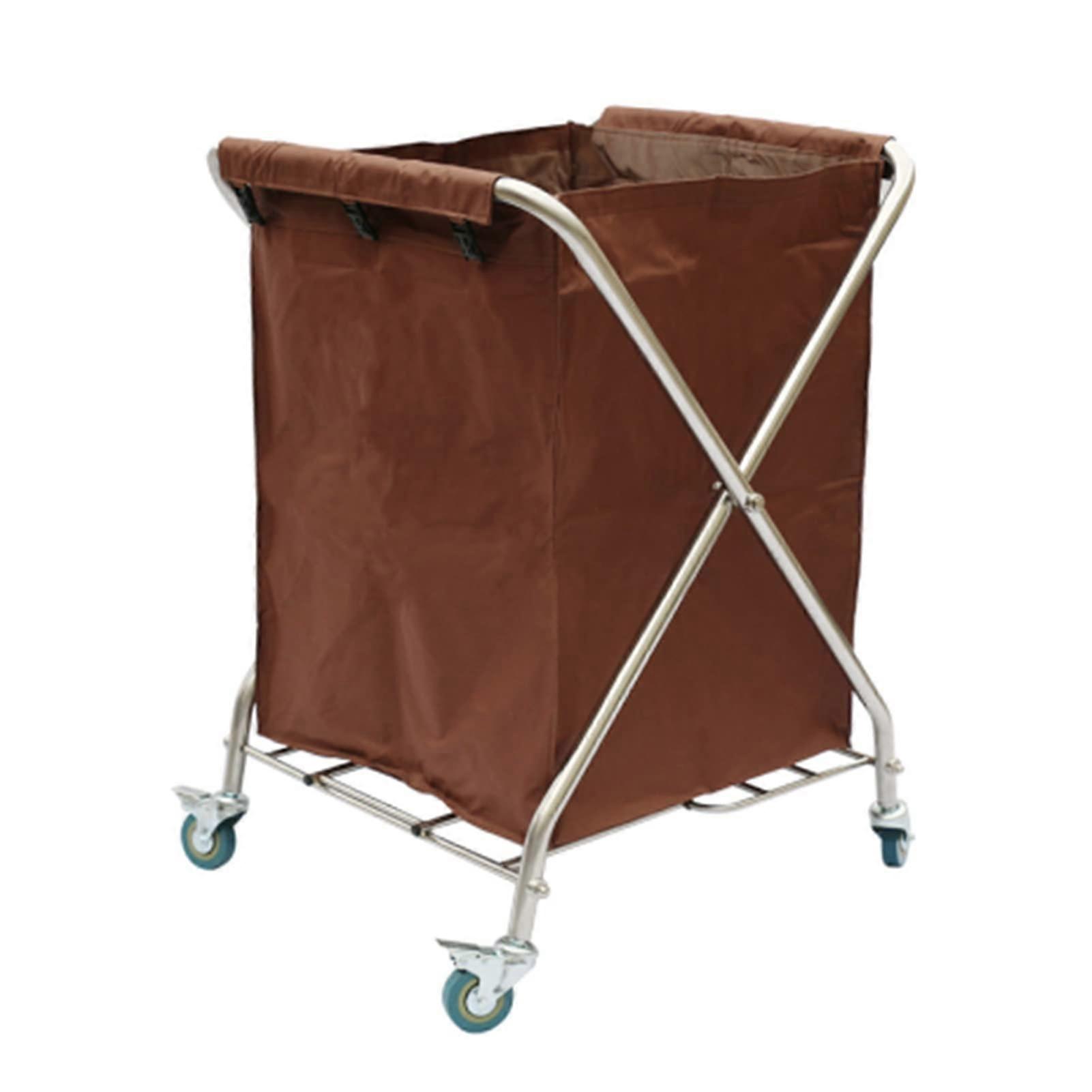 Laundry Trolley Cart with Brake Wheels, Folding Brown Rolling Basket for Hotel Room Service and Portable Storage