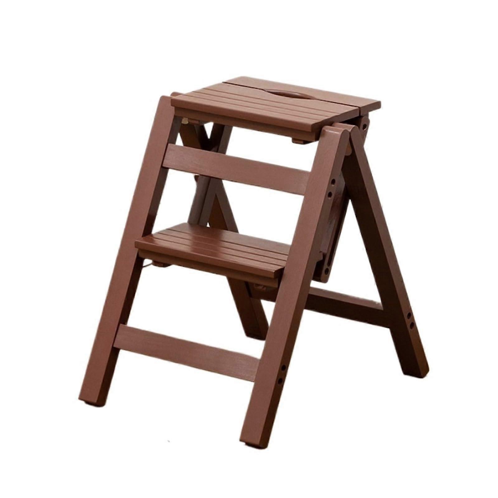 Attic Ladder Wooden Folding 2 Step Stool Space Saving Retractable Design AntiSlip Stable Platform Coffee