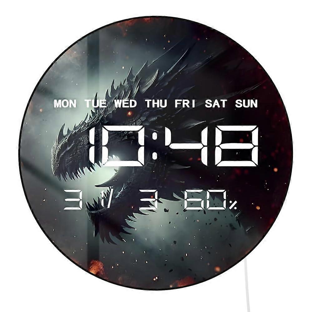 12 Inch LED Wall Clock Large Digital Display with Temp Date Auto Dimming Gothic Dragon Design