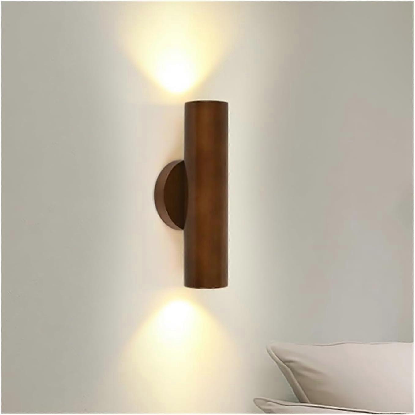 Rustic Wood Wall Sconce with Dual Light Source, Dimmable LED Up Down Lamp for Bedroom Hallway Walnut